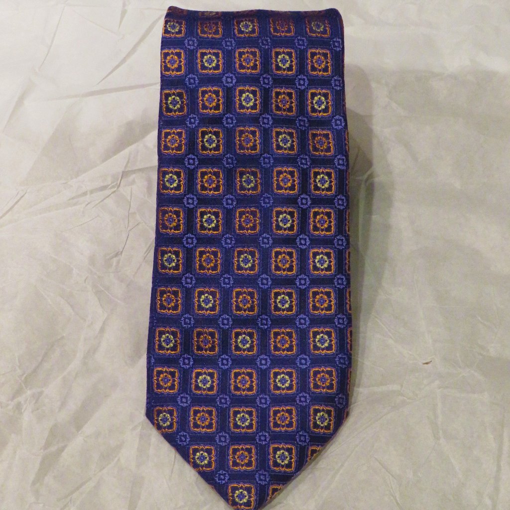 Canali Blue Orange Geometric Foulard Silk Tie